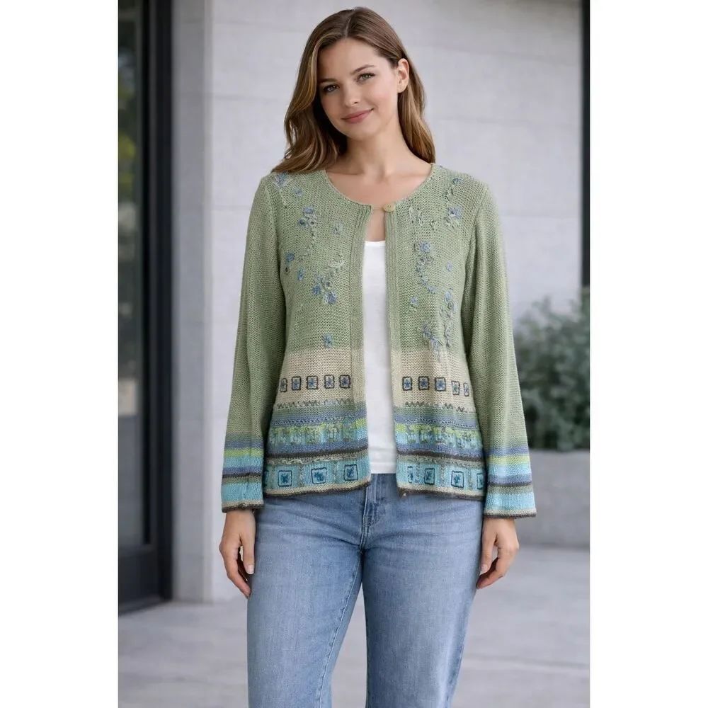 Sigrid Olsen Sport Linen Blend Cardigan Embroidered Sage Green Size M See Notes